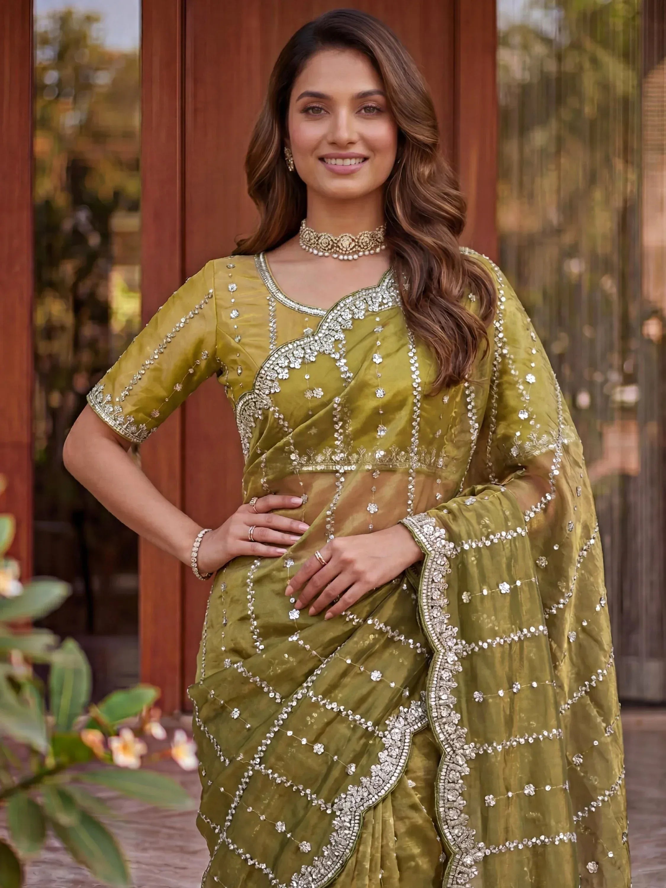 Super Olive Green Sequins Satin Designer Saree With Blouse