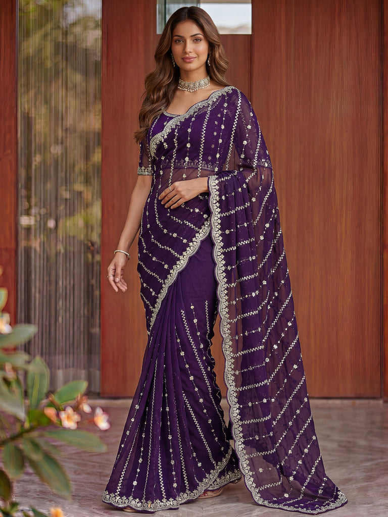 Impressive Purple Embroidered Satin Reception Wear Saree With Blouse