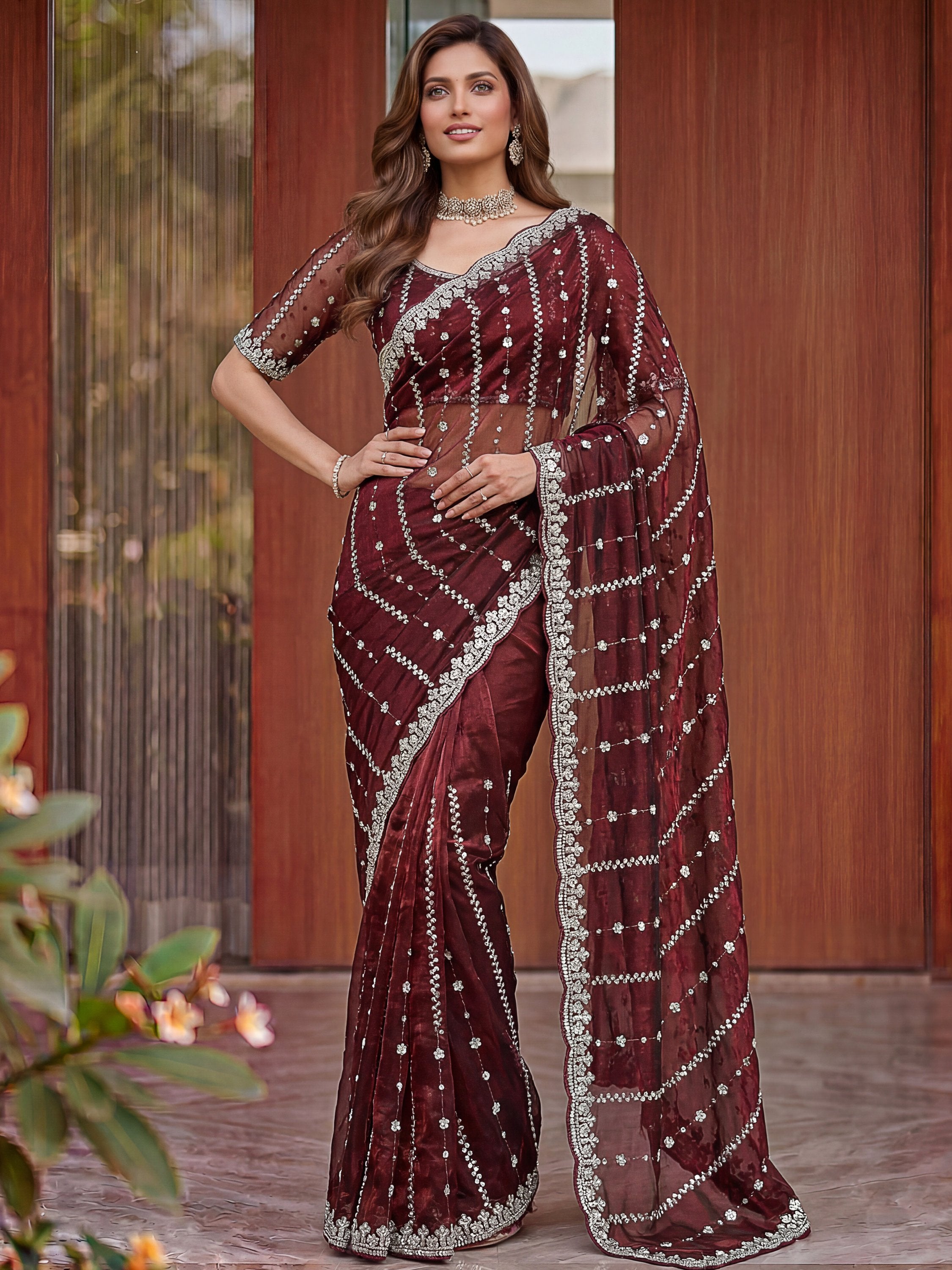 Wonderful Brown Bead Embroidery Satin Party Wear Saree With Blouse