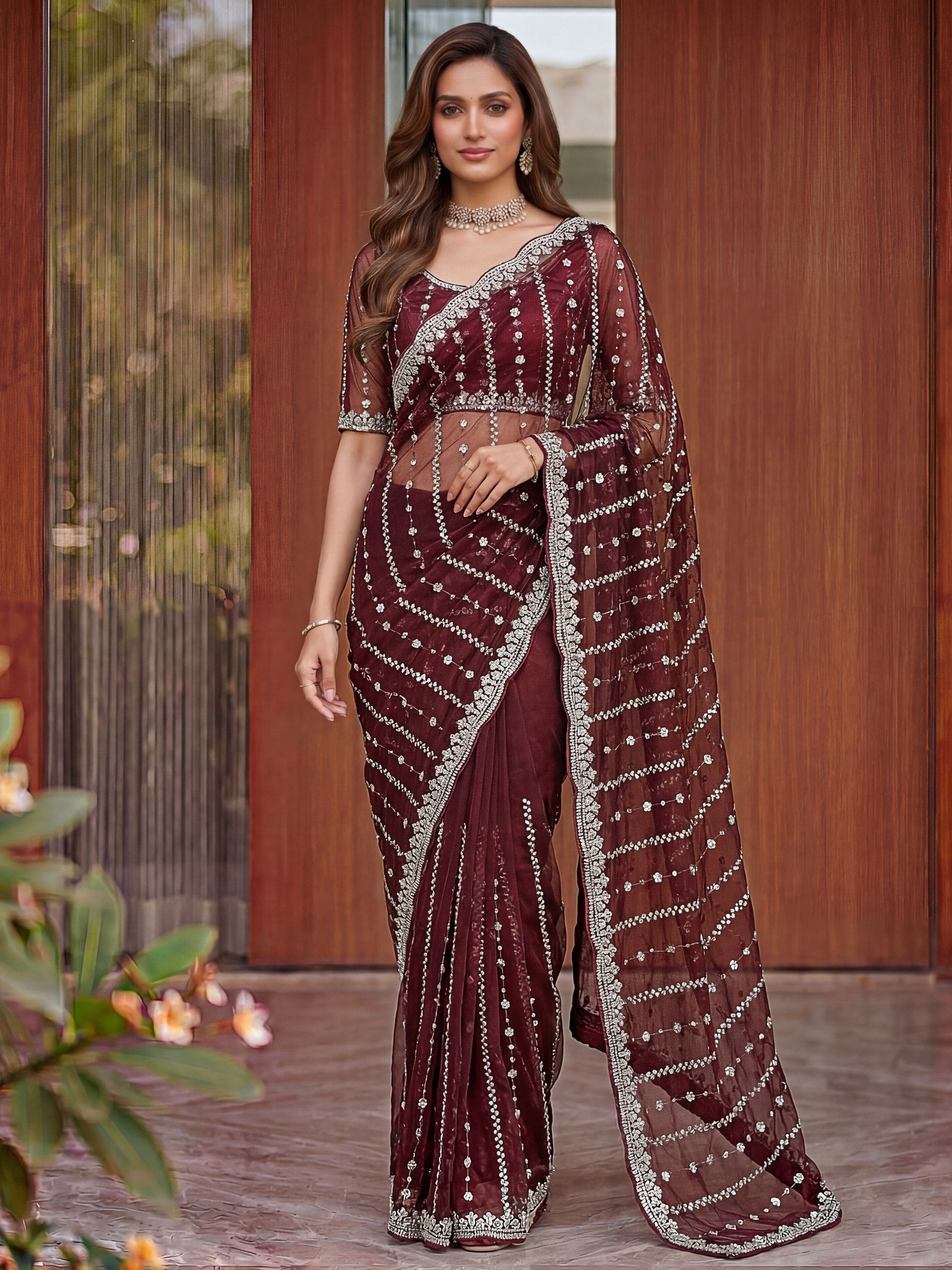 Wonderful Brown Bead Embroidery Satin Party Wear Saree With Blouse