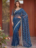 Rich Teal Blue Embroidered Satin Wedding Wear Saree With Blouse