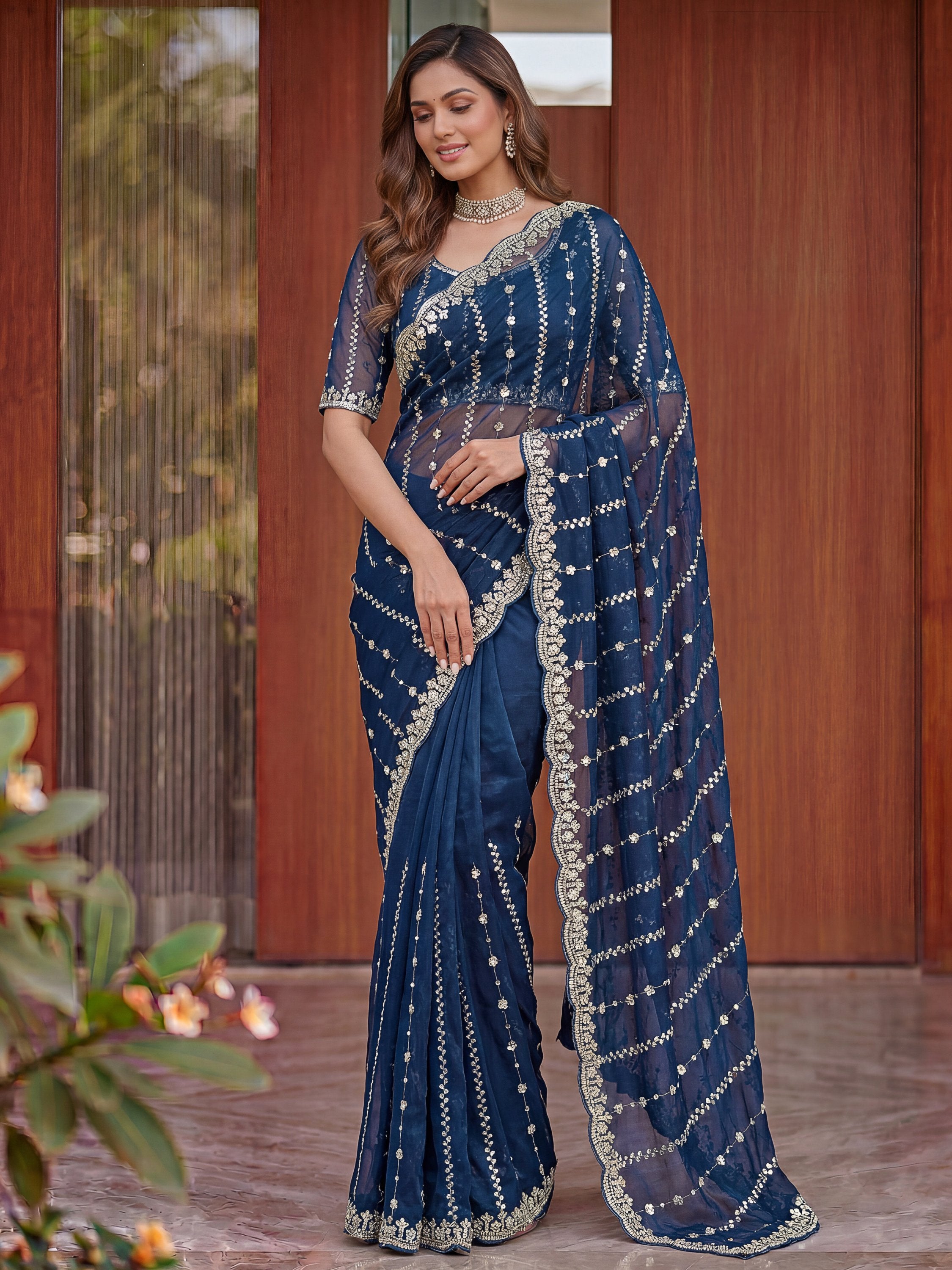 Rich Teal Blue Embroidered Satin Wedding Wear Saree With Blouse