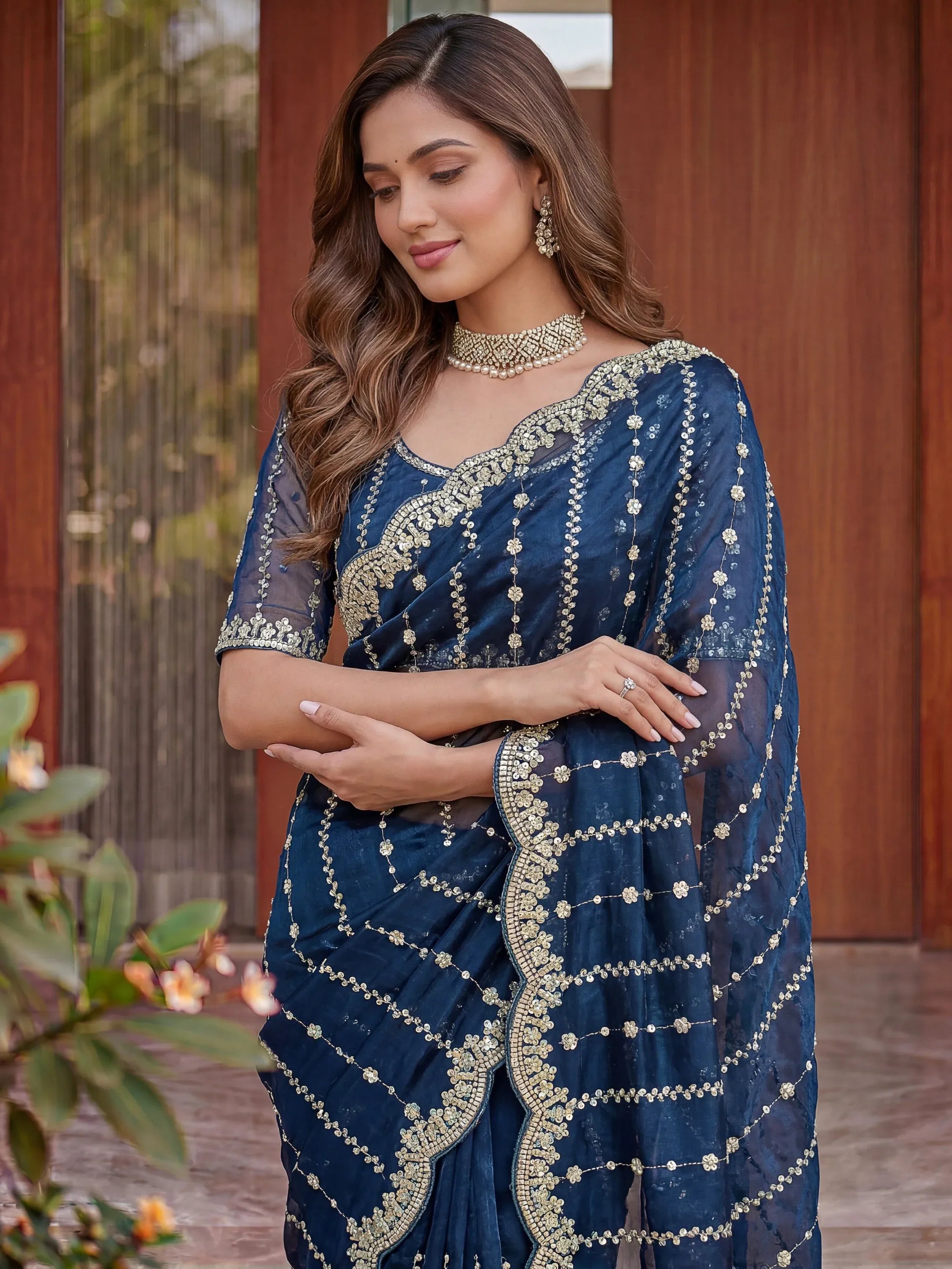 Rich Teal Blue Embroidered Satin Wedding Wear Saree With Blouse
