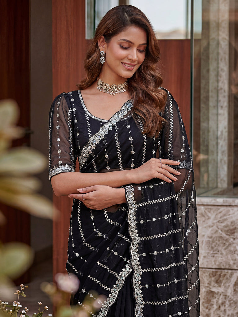 Captivating Black Bead Work Satin Party Wear Saree With Blouse