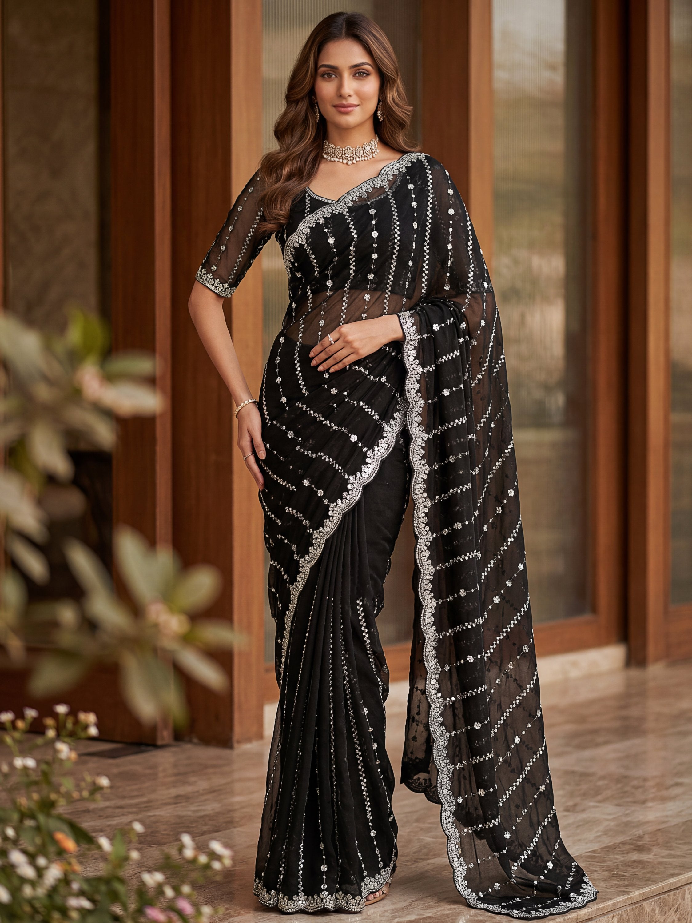 Captivating Black Bead Work Satin Party Wear Saree With Blouse
