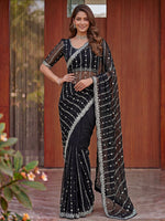 Captivating Black Bead Work Satin Party Wear Saree With Blouse
