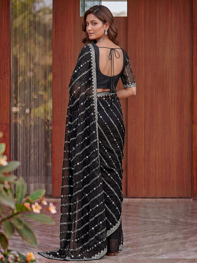 Captivating Black Bead Work Satin Party Wear Saree With Blouse