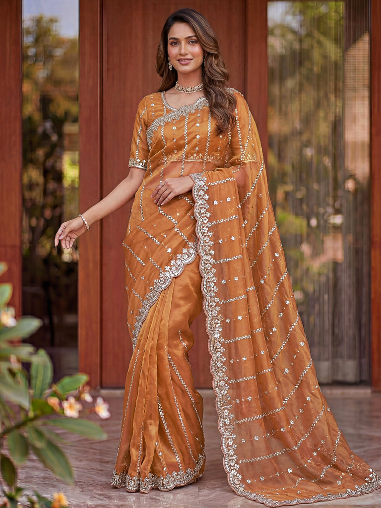 Sparkling Peach Sequins Satin Marriage Wear Saree With Blouse