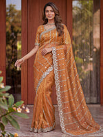 Sparkling Peach Sequins Satin Marriage Wear Saree With Blouse