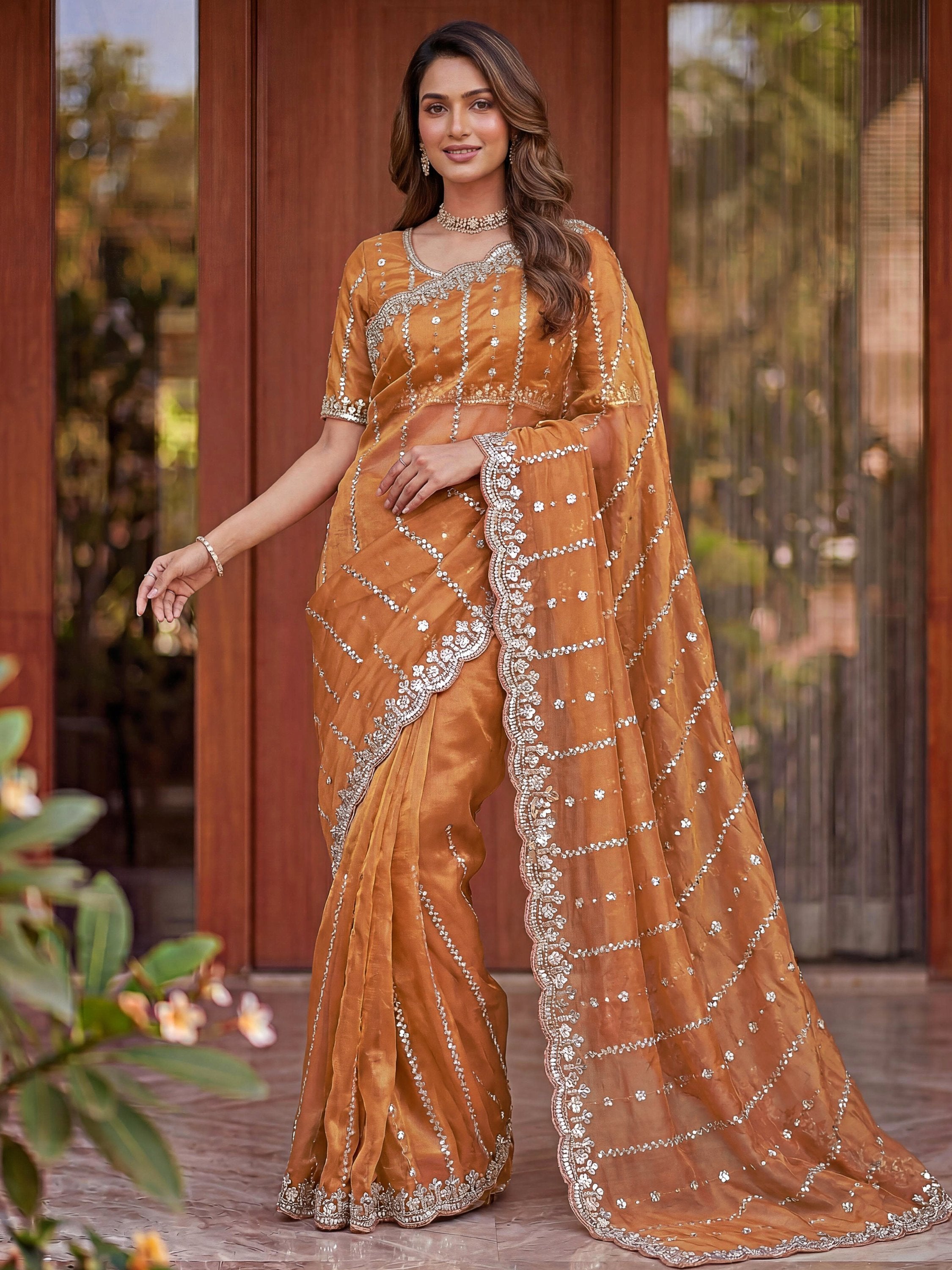 Sparkling Peach Sequins Satin Marriage Wear Saree With Blouse