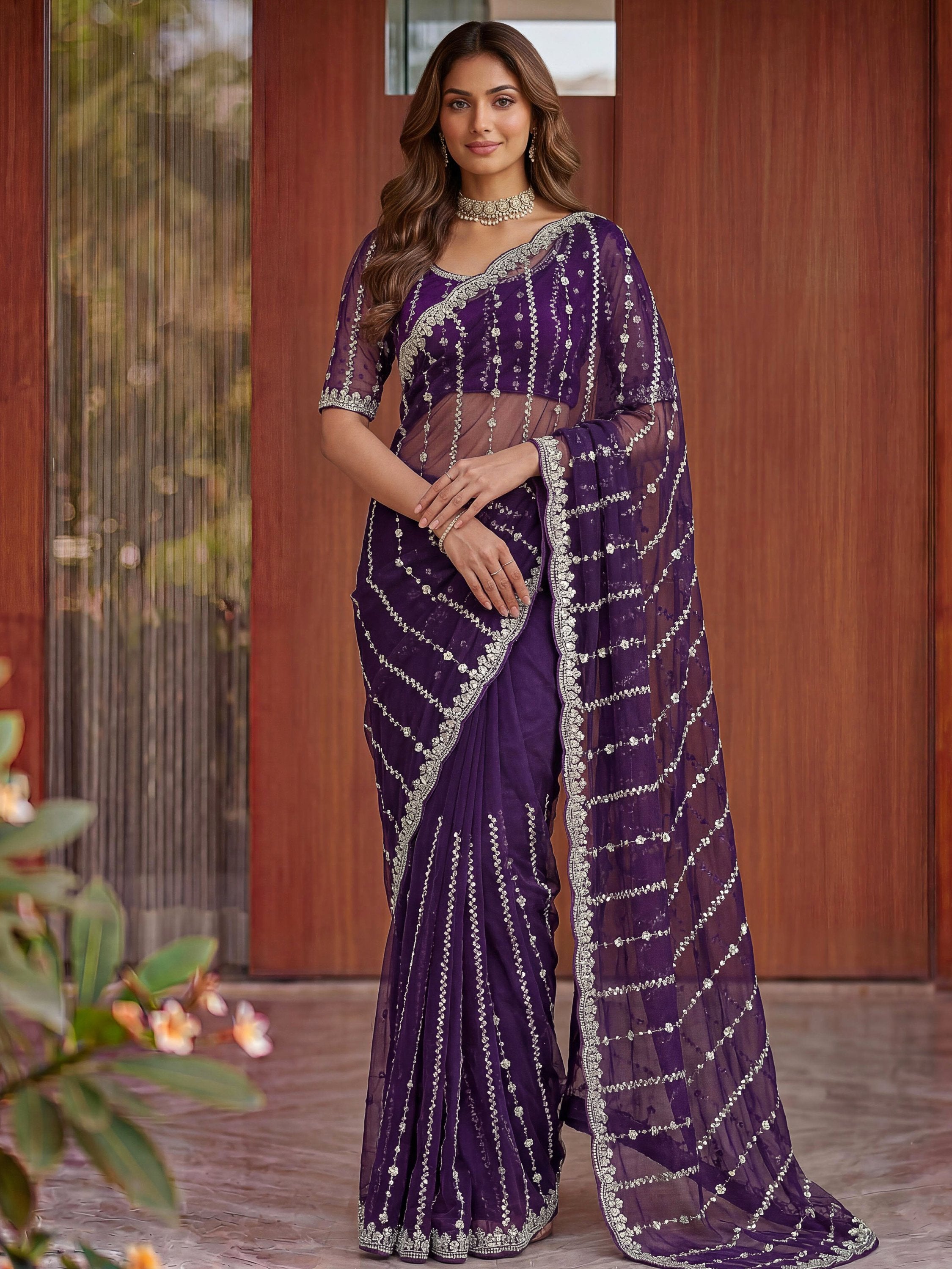 Impressive Purple Embroidered Satin Reception Wear Saree With Blouse