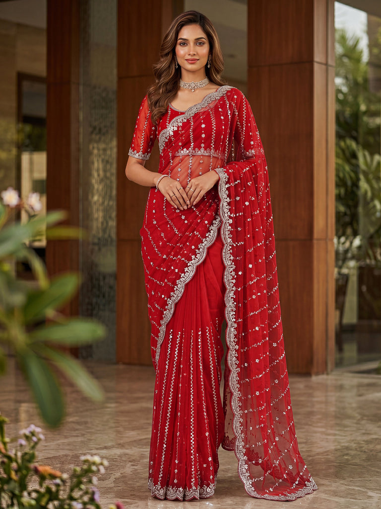 Fashionable Red Sequins Satin Bridal Saree With Blouse