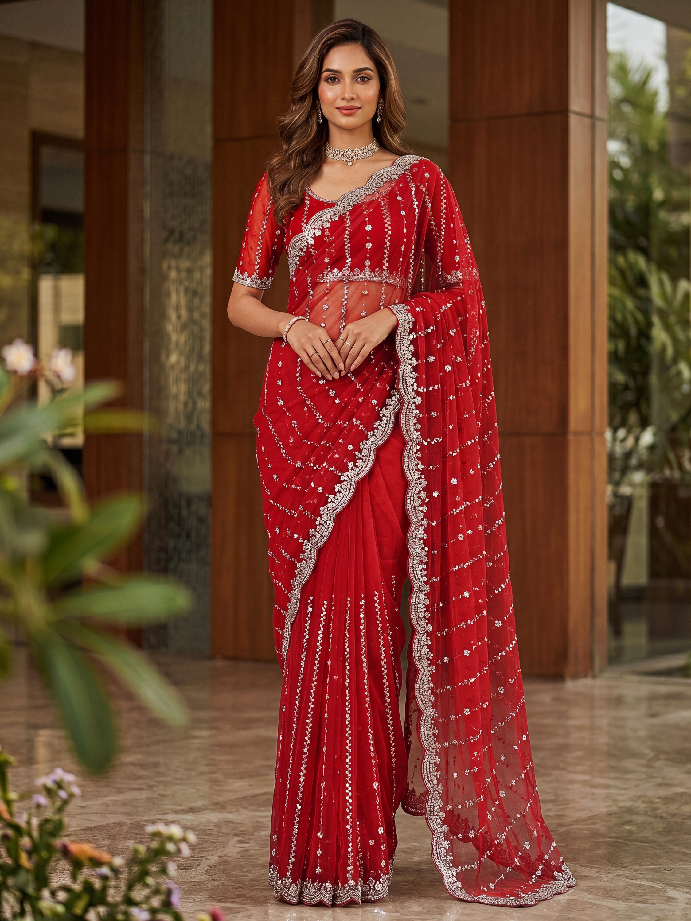 Fashionable Red Sequins Satin Bridal Saree With Blouse