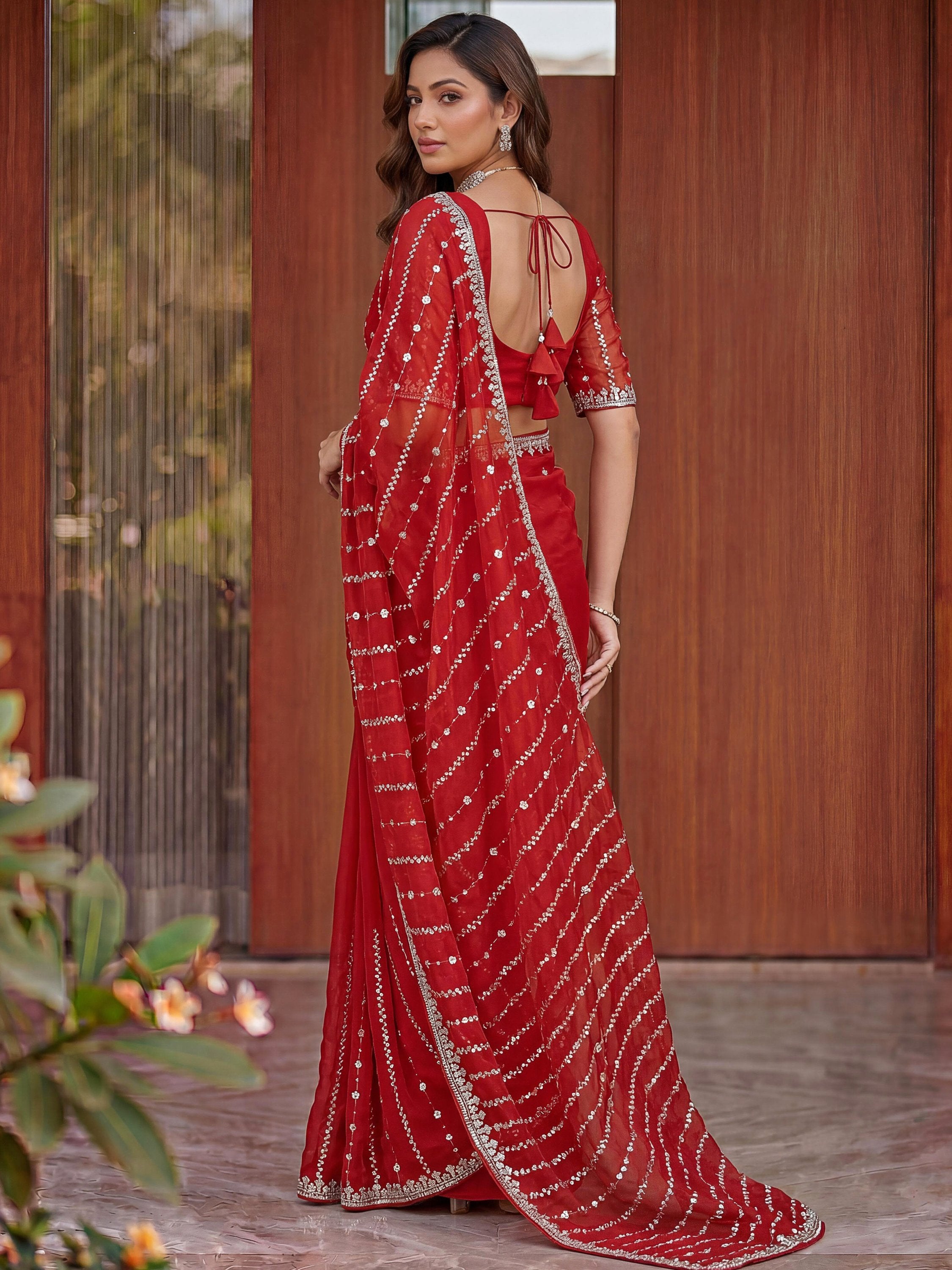 Fashionable Red Sequins Satin Bridal Saree With Blouse