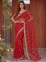 Fashionable Red Sequins Satin Bridal Saree With Blouse