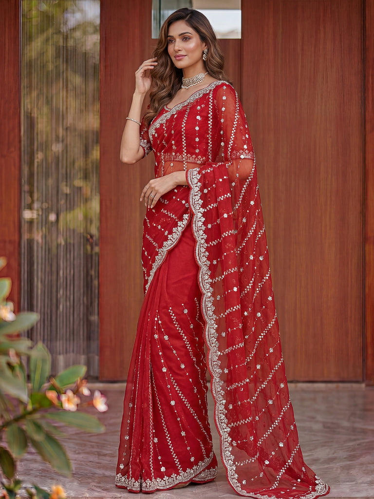 Fashionable Red Sequins Satin Bridal Saree With Blouse