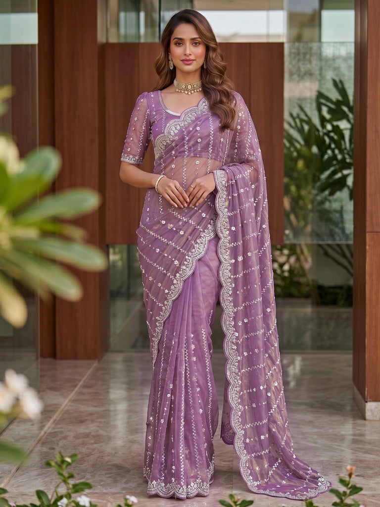 Magnetic Lavender Sequins Satin Engagement Wear Saree With Blouse