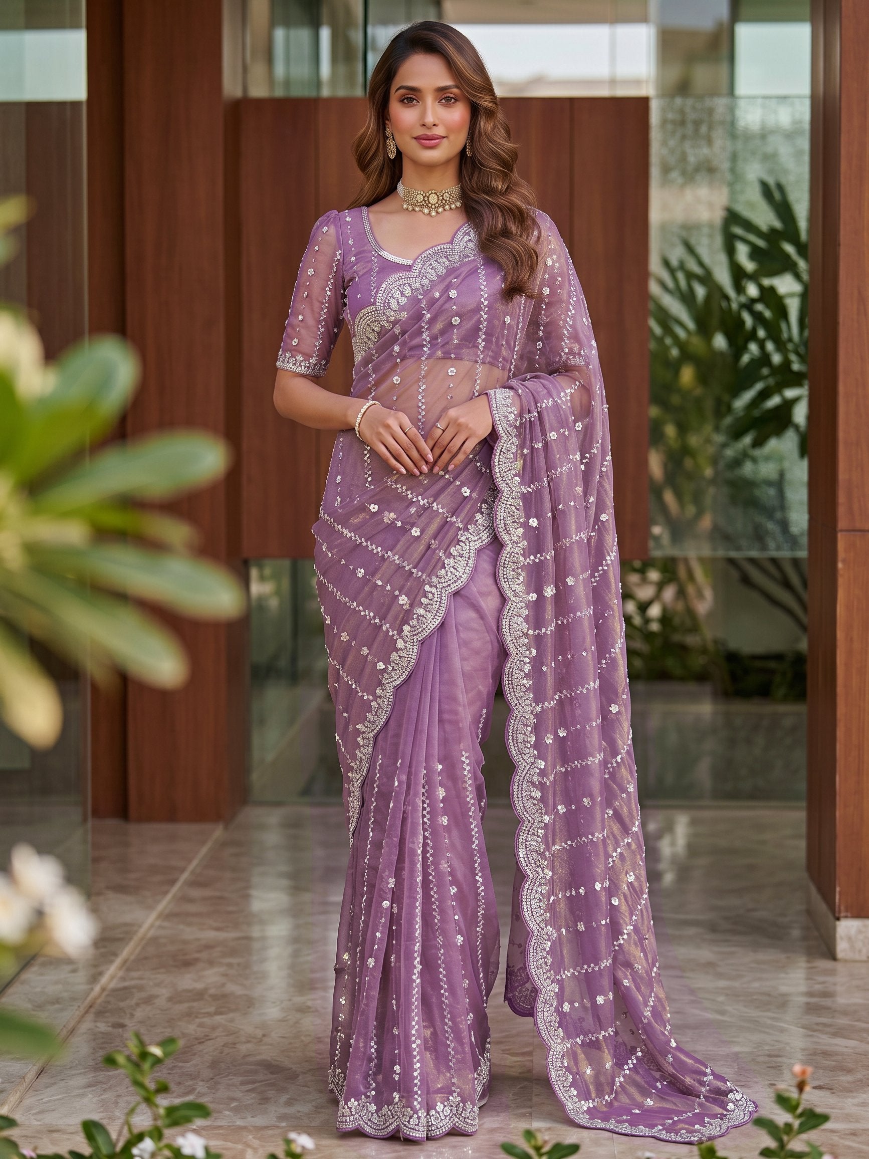 Magnetic Lavender Sequins Satin Engagement Wear Saree With Blouse