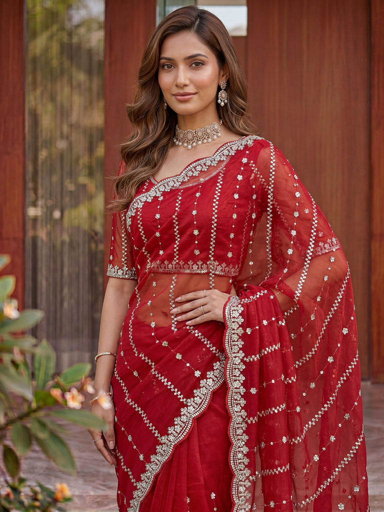 Fashionable Red Sequins Satin Bridal Saree With Blouse