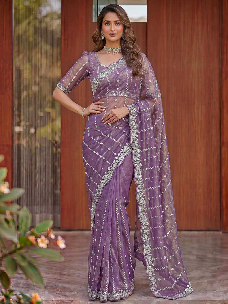 Magnetic Lavender Sequins Satin Engagement Wear Saree With Blouse