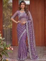 Magnetic Lavender Sequins Satin Engagement Wear Saree With Blouse