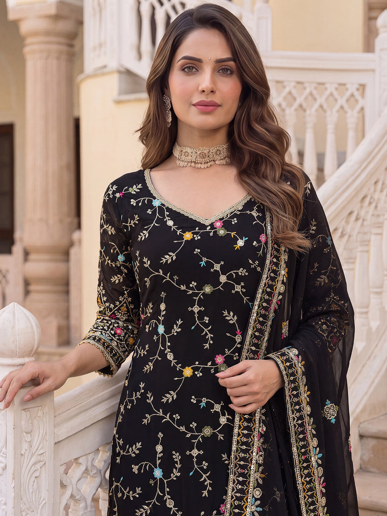 Dazzling Black Floral Embroidery Georgette Festive Wear Sharara Suit