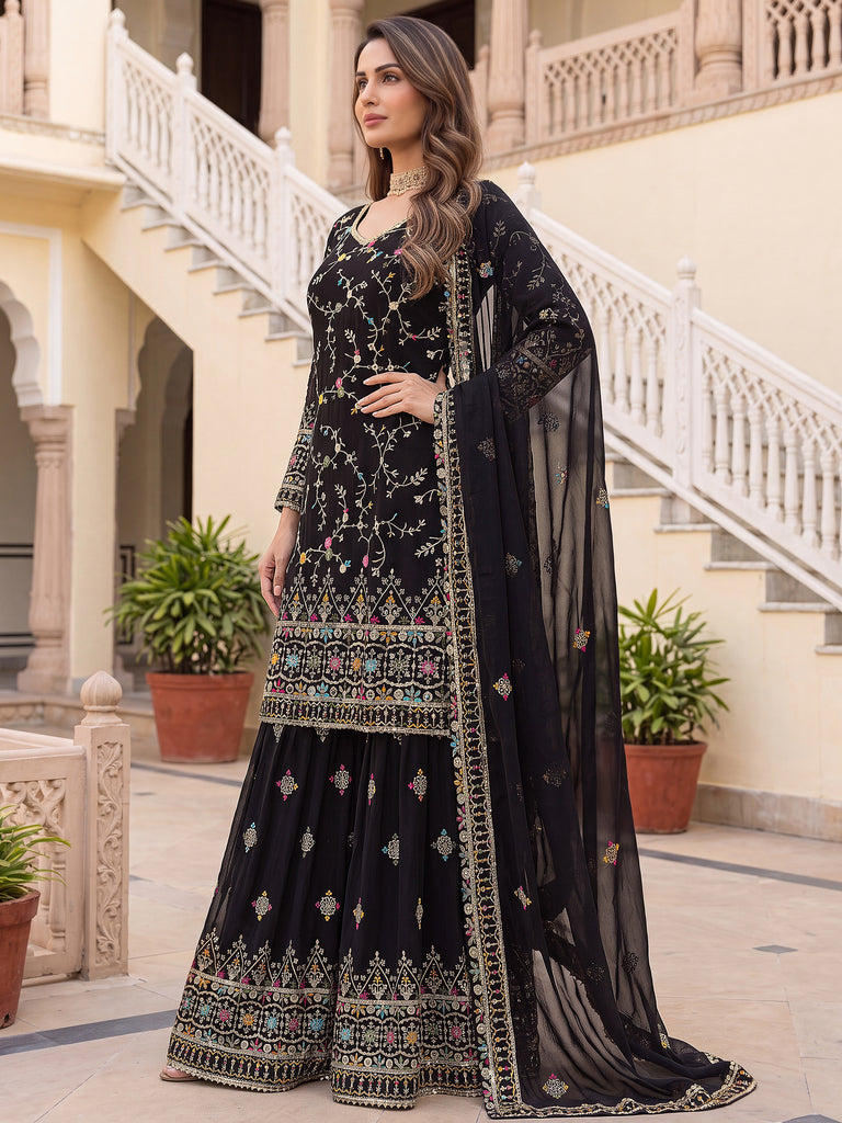 Dazzling Black Floral Embroidery Georgette Festive Wear Sharara Suit