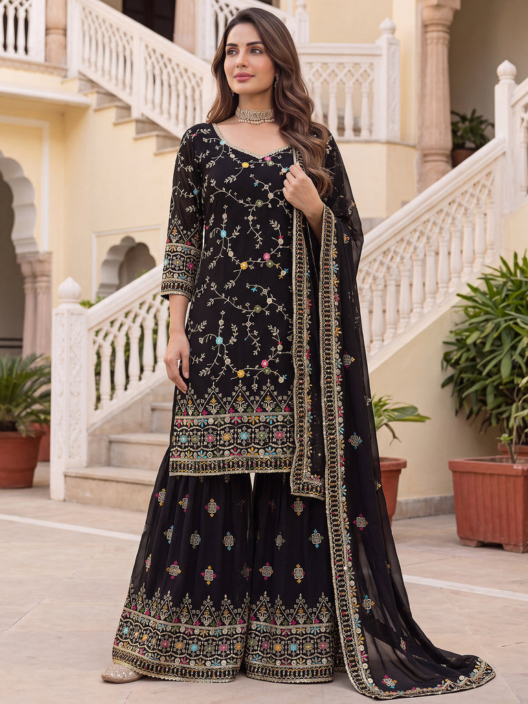 Dazzling Black Floral Embroidery Georgette Festive Wear Sharara Suit