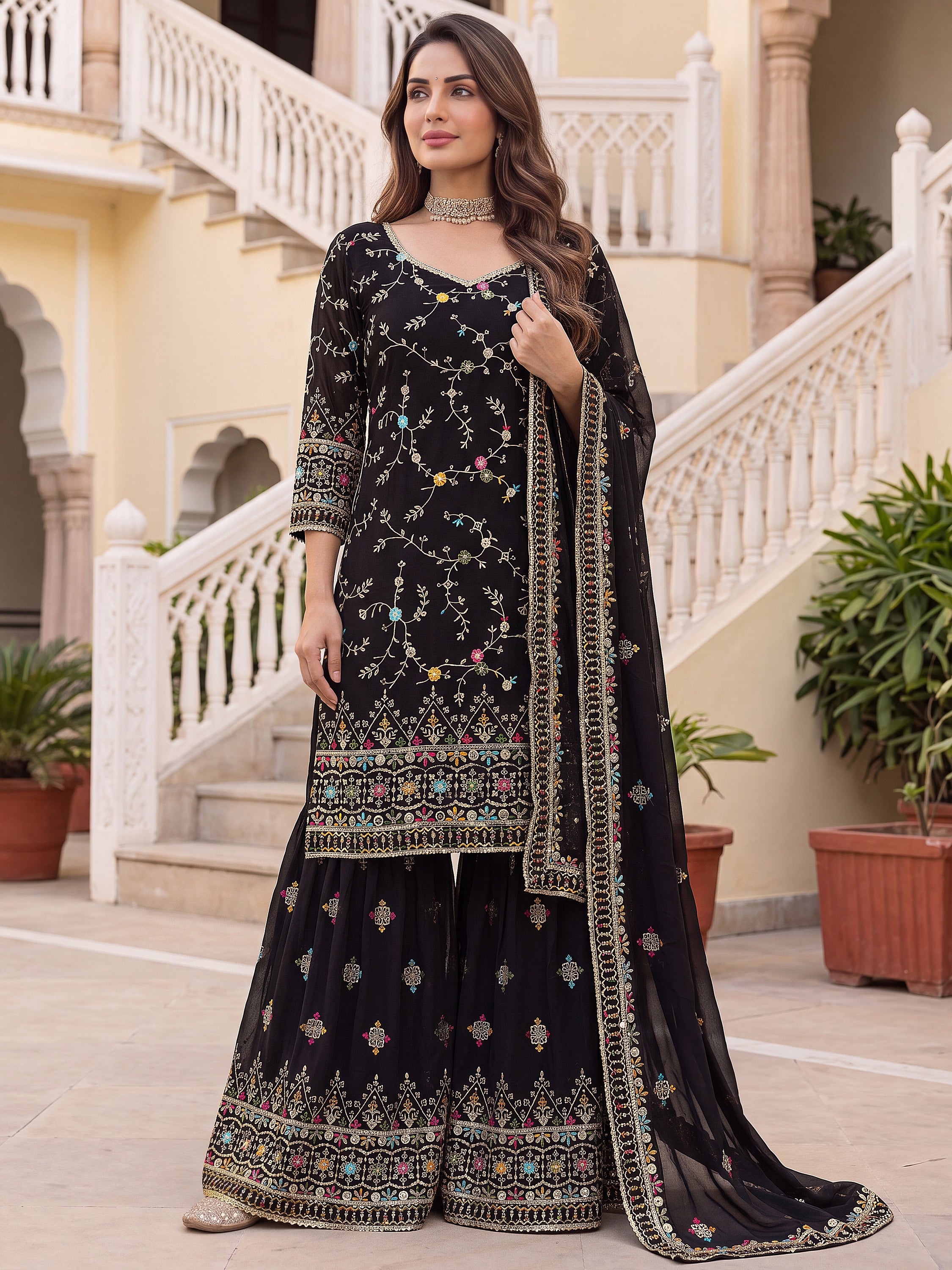 Dazzling Black Floral Embroidery Georgette Festive Wear Sharara Suit
