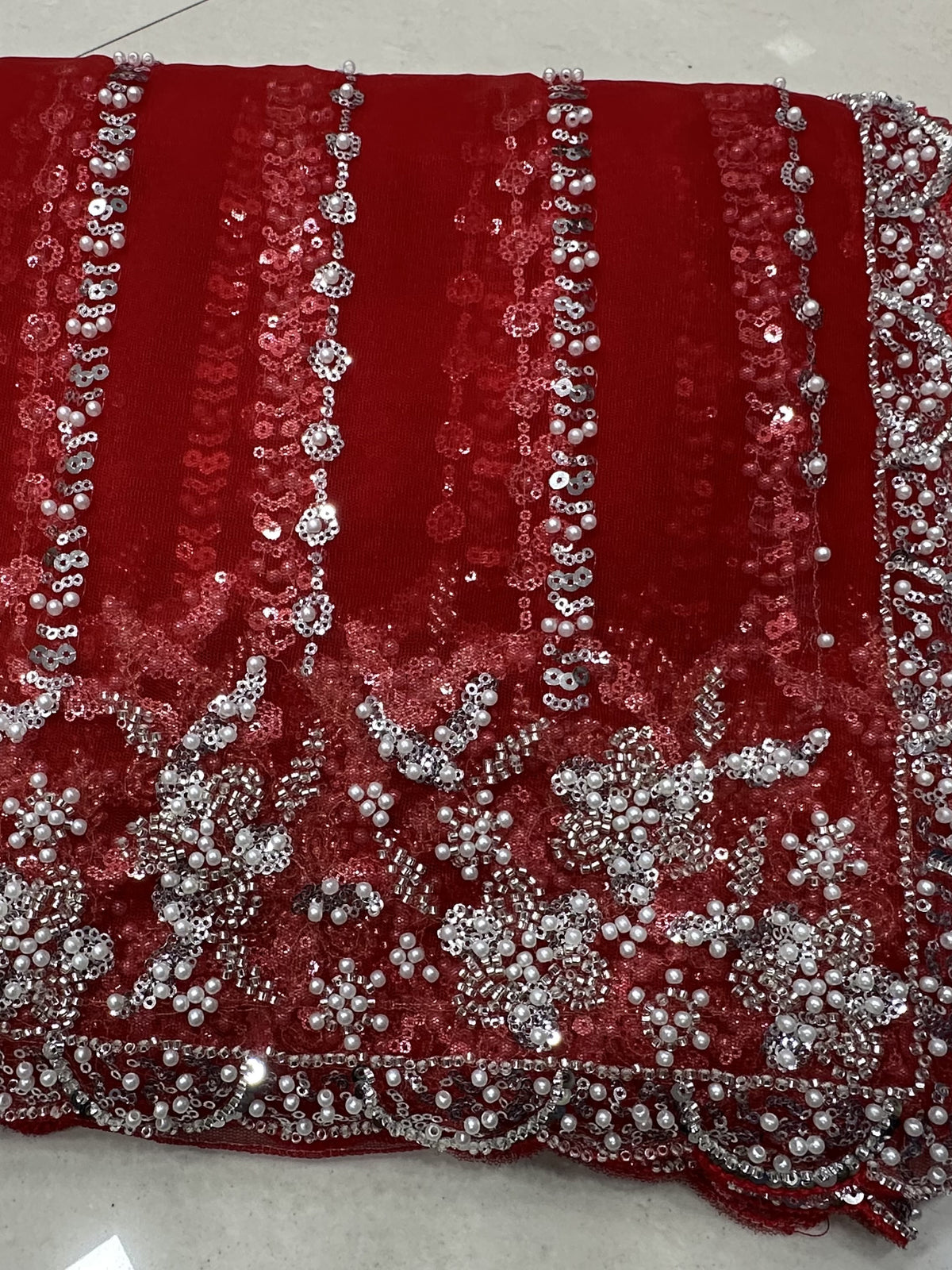 Noteworthy Red Bead Work Net Bridal Saree With Blouse