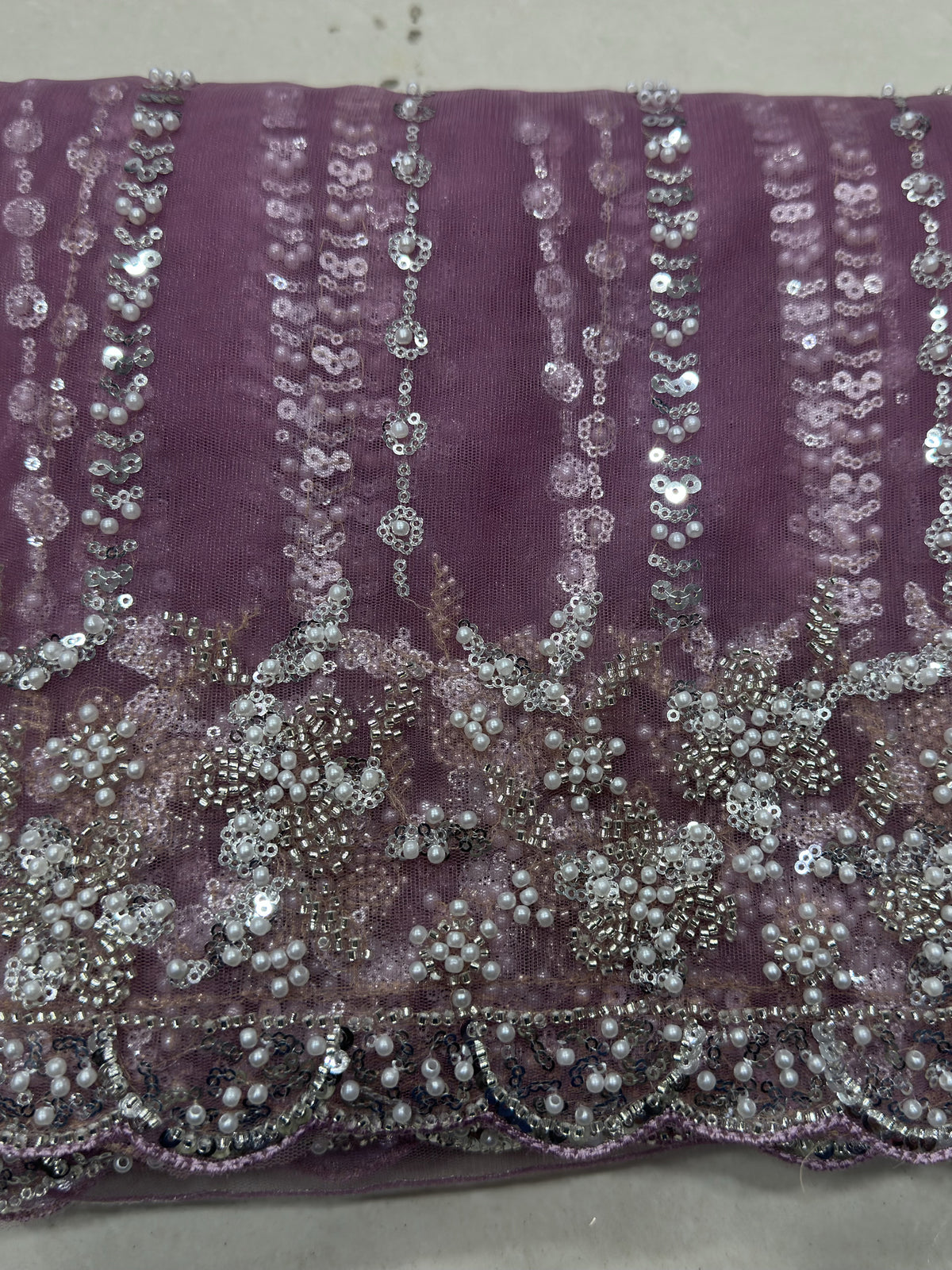 Fantastic Mauve Pearl Work Net Engagement Wear Saree With Blouse