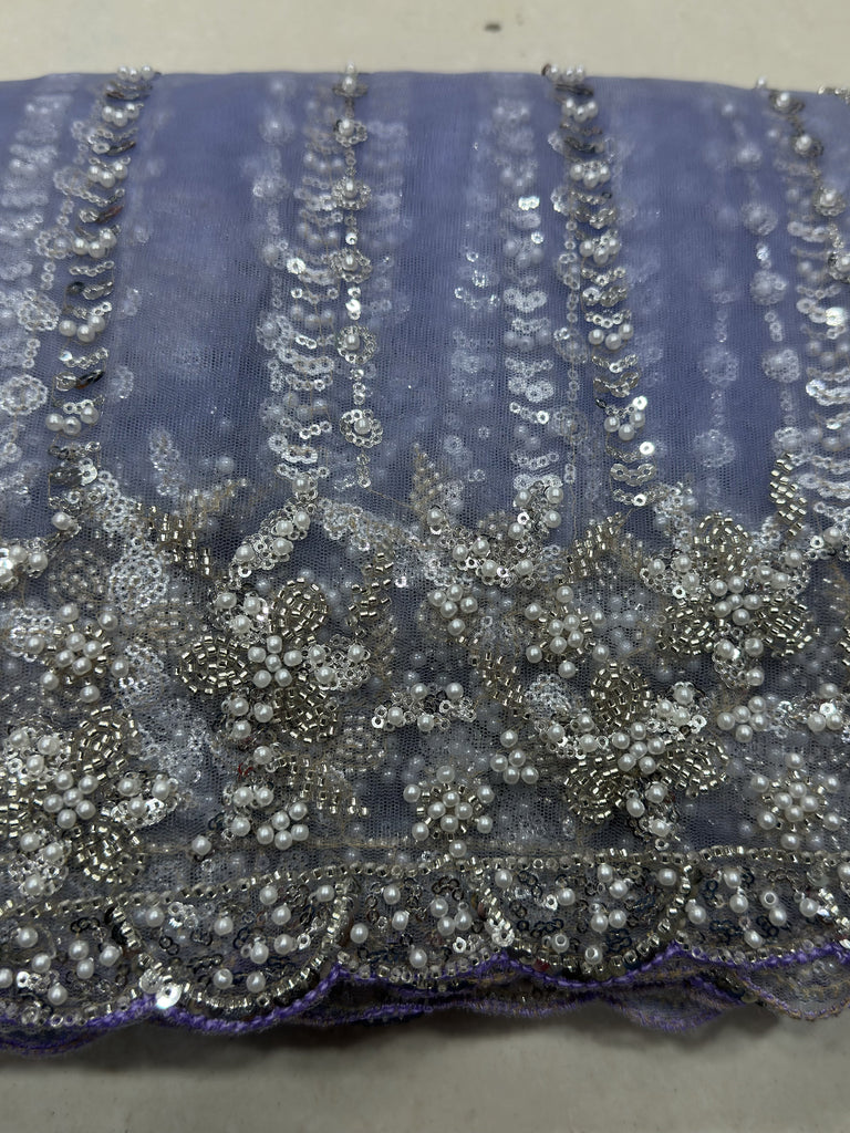 Charming Lavender Bead Work Net Reception Wear Saree With Blouse