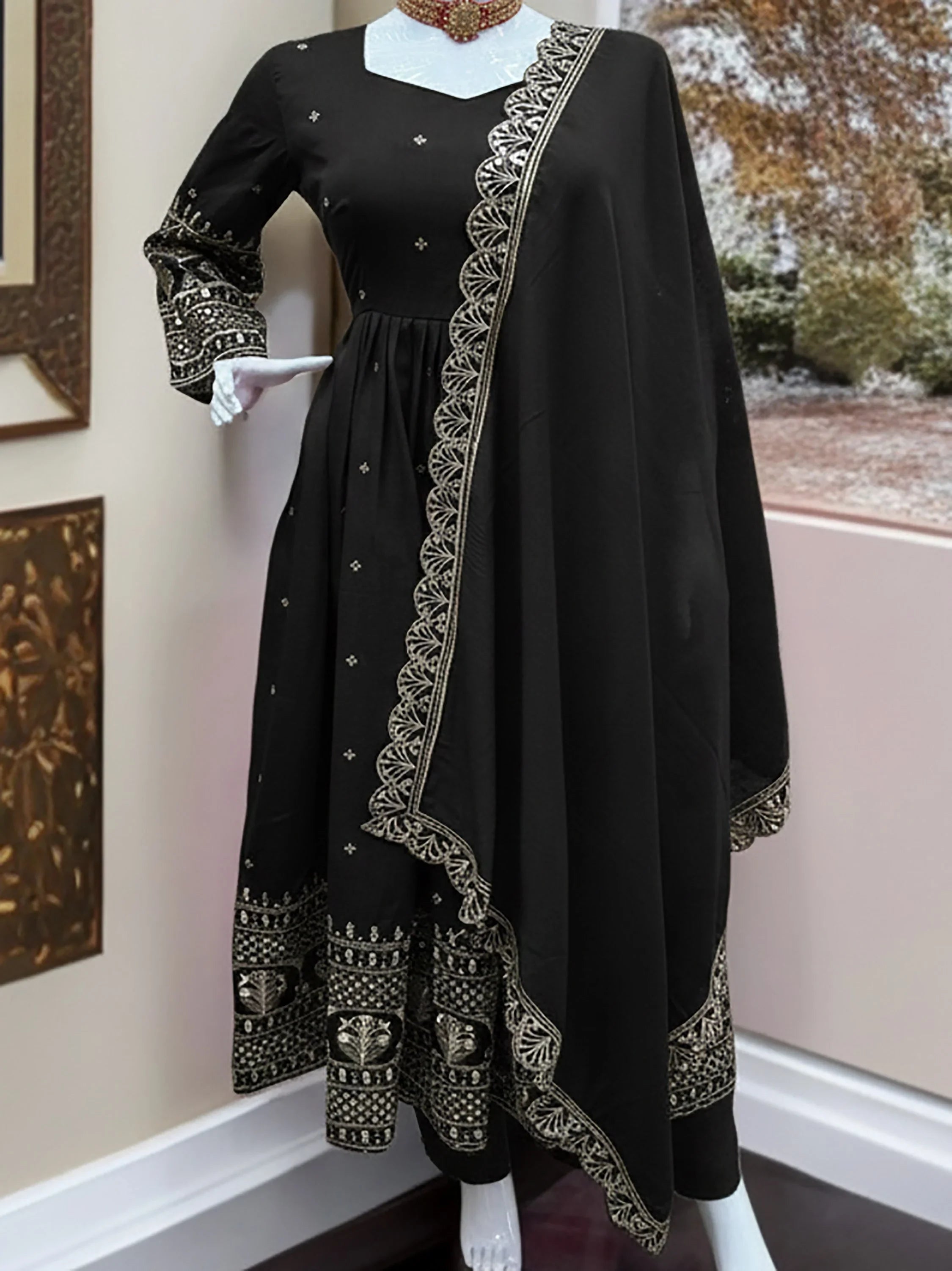 Captivating Black Sequins Silk Festive Wear Gown With Dupatta