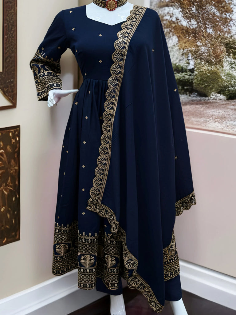 Gorgeous Blue Sequins Silk Wedding Wear Gown With Dupatta