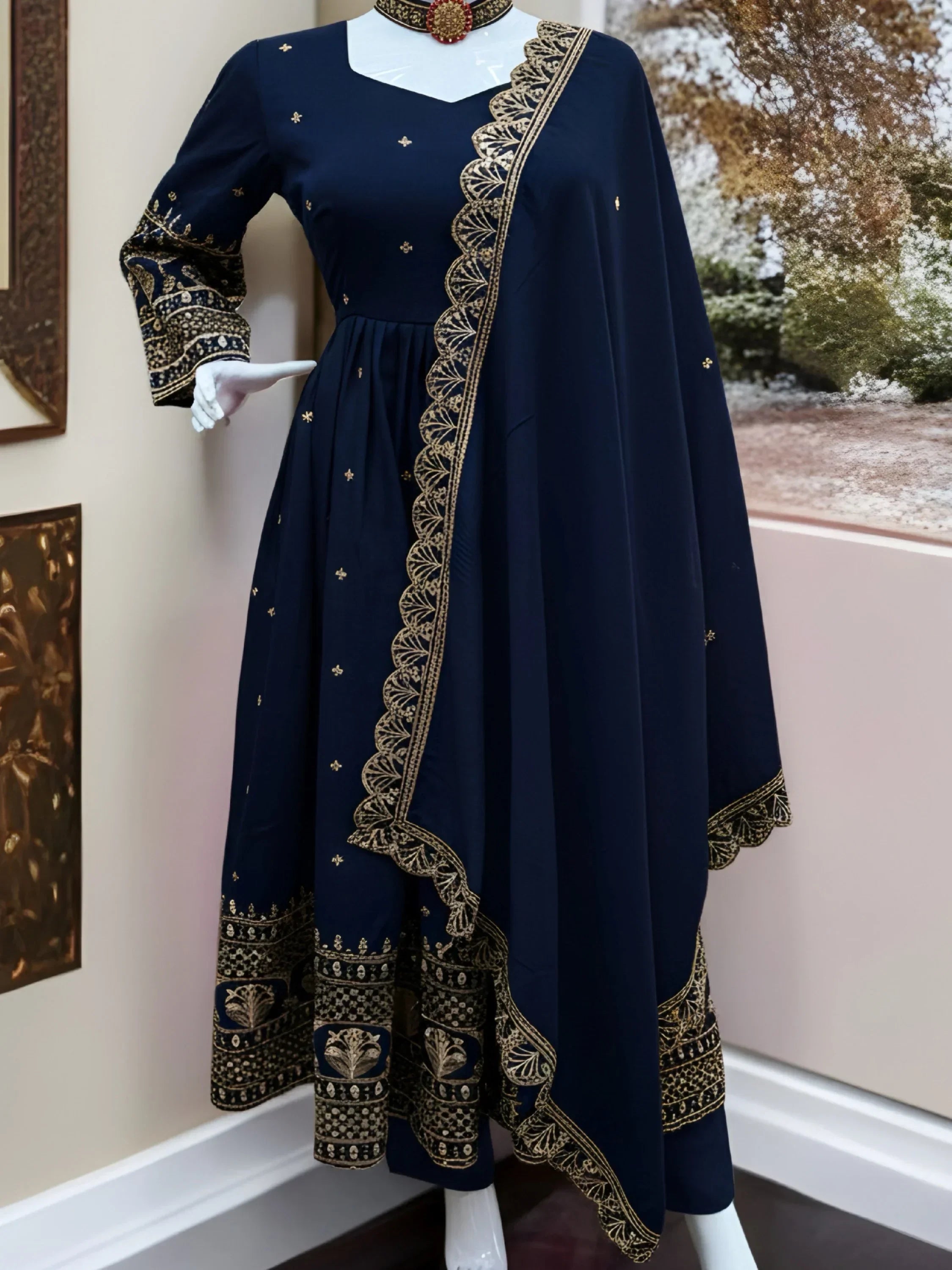 Gorgeous Blue Sequins Silk Wedding Wear Gown With Dupatta