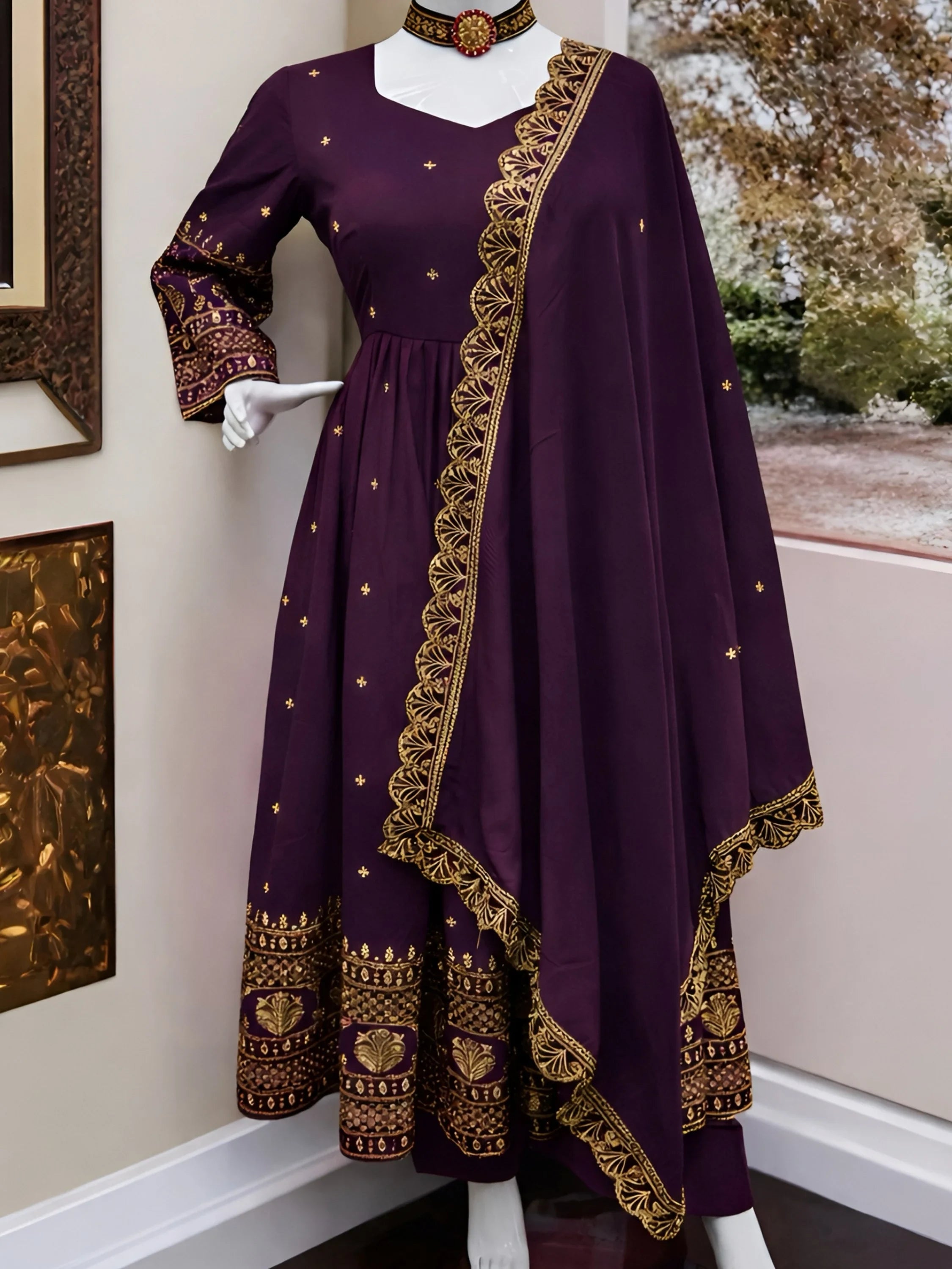 Glamorous Purple Sequins Silk Wedding Wear Gown With Dupatta