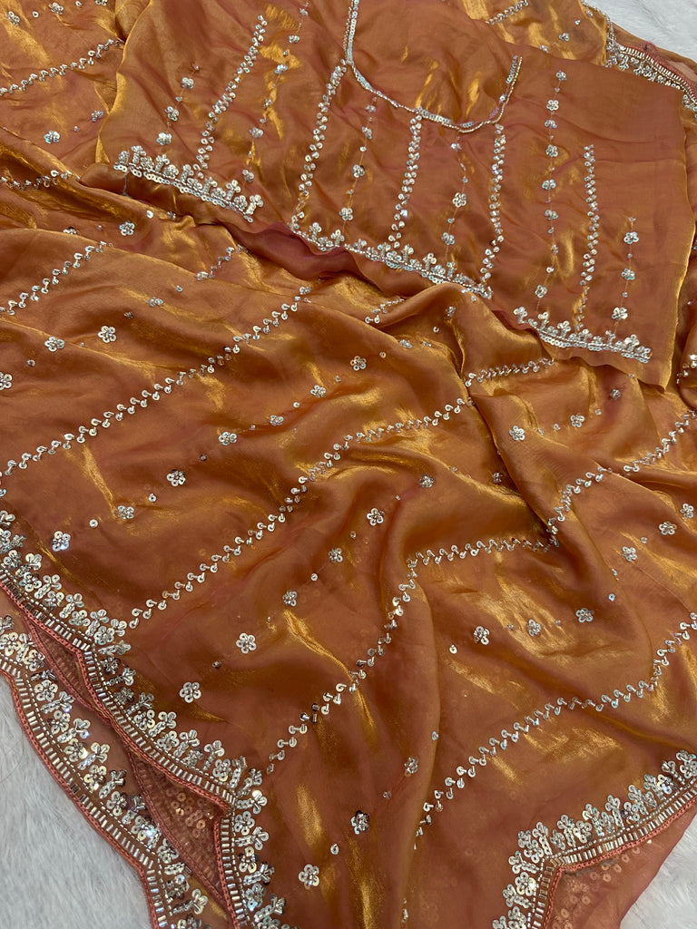 Sparkling Peach Sequins Satin Marriage Wear Saree With Blouse