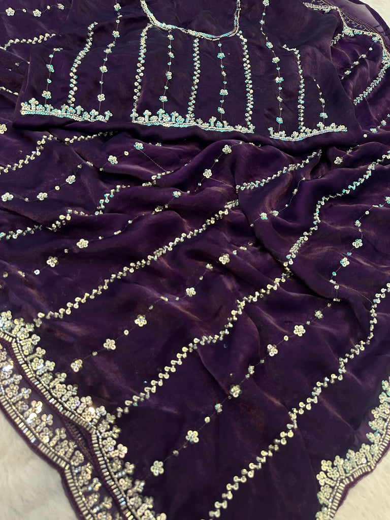 Impressive Purple Embroidered Satin Reception Wear Saree With Blouse