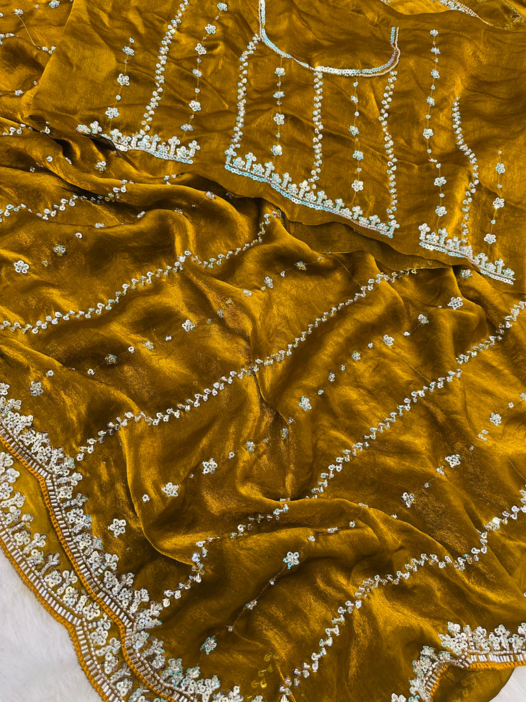 Notable Mustard Yellow Bead Work Satin Wedding Wear Saree With Blouse