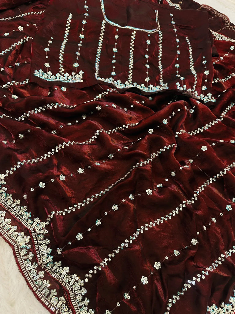 Wonderful Brown Bead Embroidery Satin Party Wear Saree With Blouse
