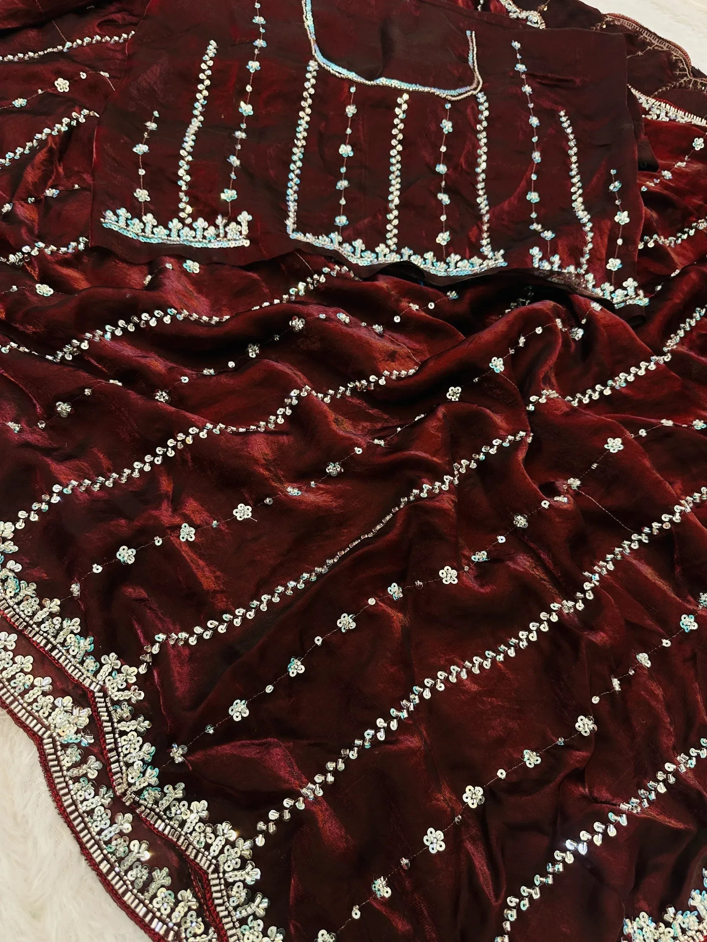 Wonderful Brown Bead Embroidery Satin Party Wear Saree With Blouse