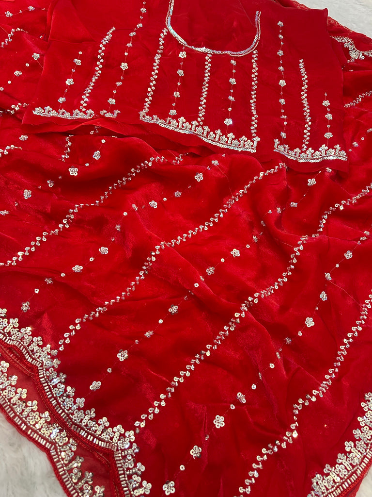 Fashionable Red Sequins Satin Bridal Saree With Blouse