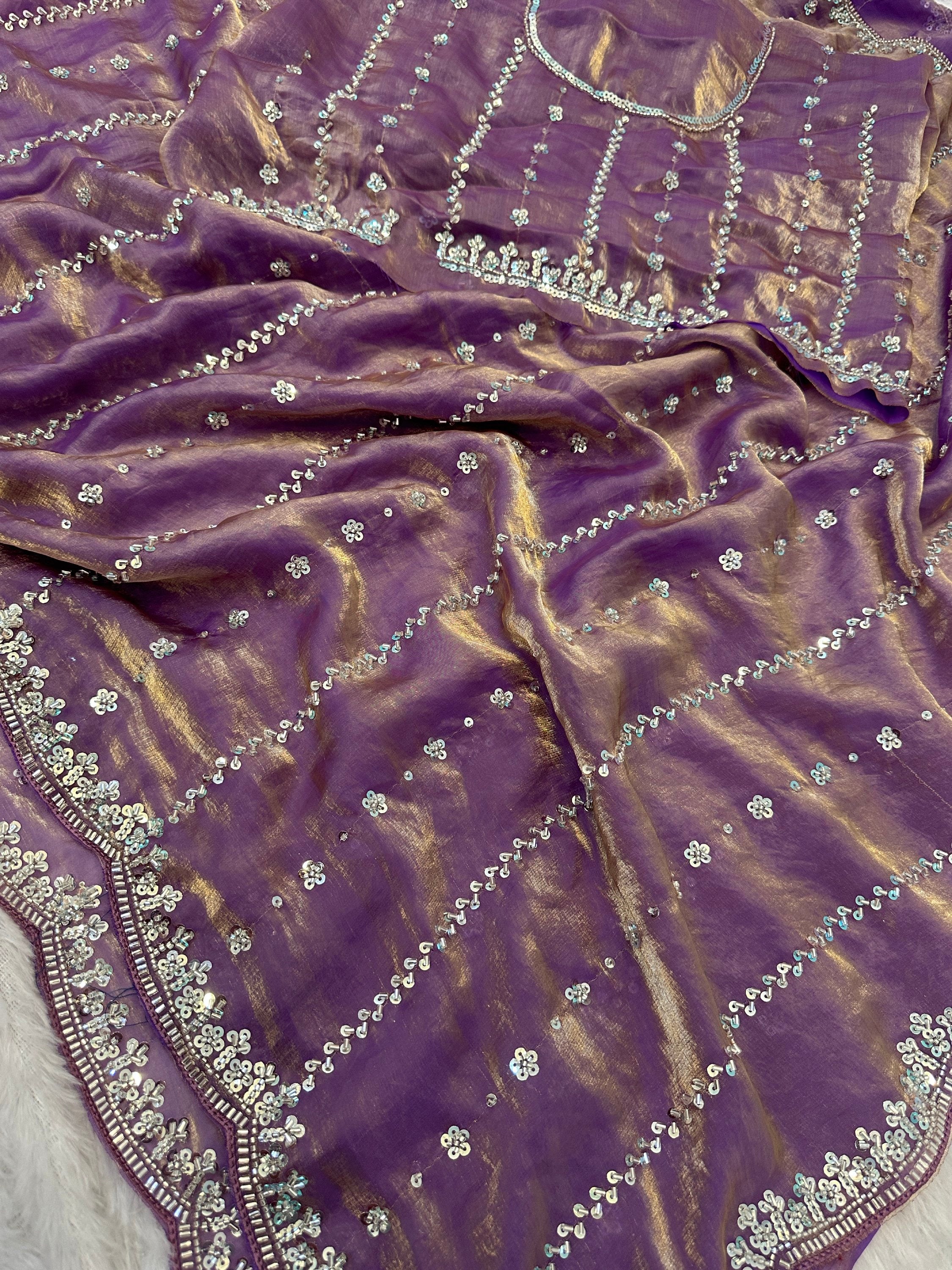 Magnetic Lavender Sequins Satin Engagement Wear Saree With Blouse