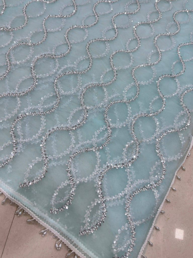 Wonderful Sky Blue Sequins Net Party Wear Saree With Blouse