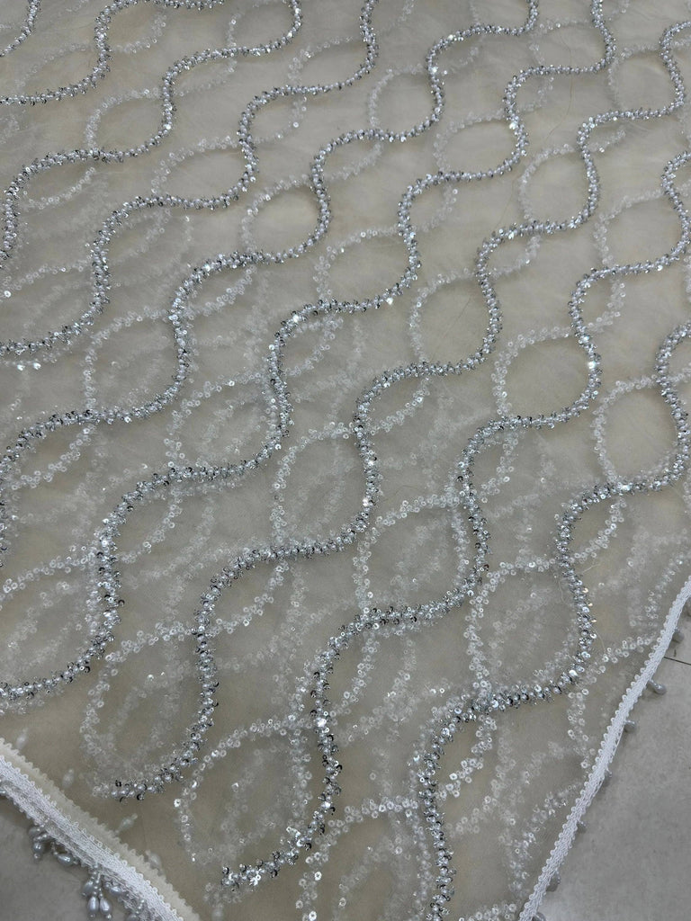 Pretty Off White Peral Work Net Evening Wear Saree With Blouse