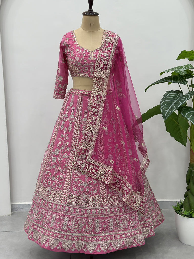 Graceful Pink Coding Embroidery Crepe Engagement Wear Lehenga Choli