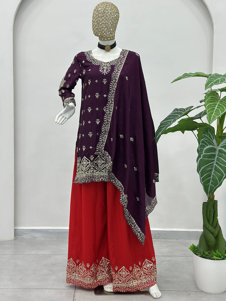 Beautiful Purple Embroidered Chinon Wedding Wear Palazzo Suit