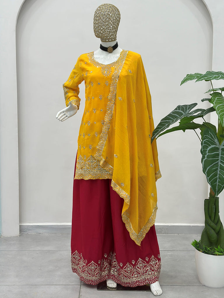 Elegant Yellow Embroidered Chinon Festival Wear Palazzo Suit