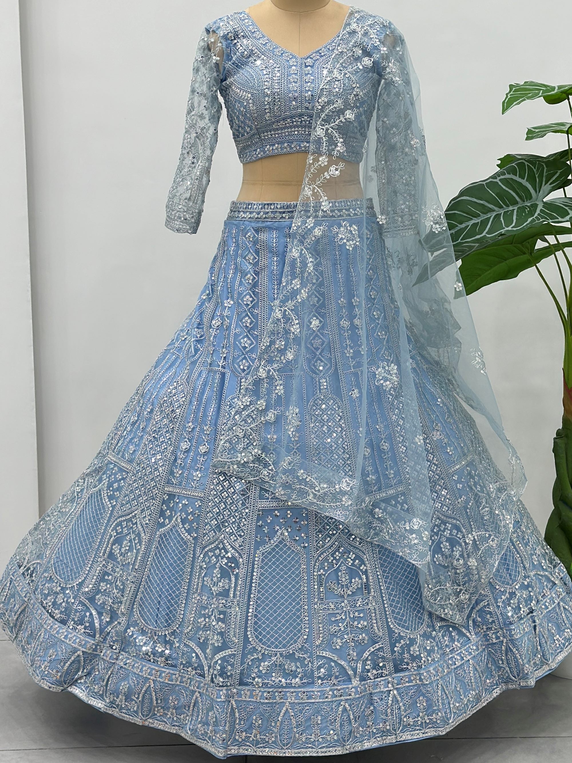 Stunning Blue Embroidered Chinon Wedding Wear Lehenga Choli