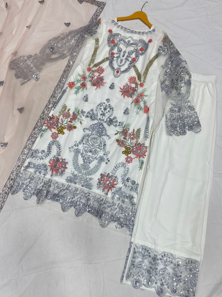 Glorious White Sequins Embroidery Net Festive Special Pant Suit